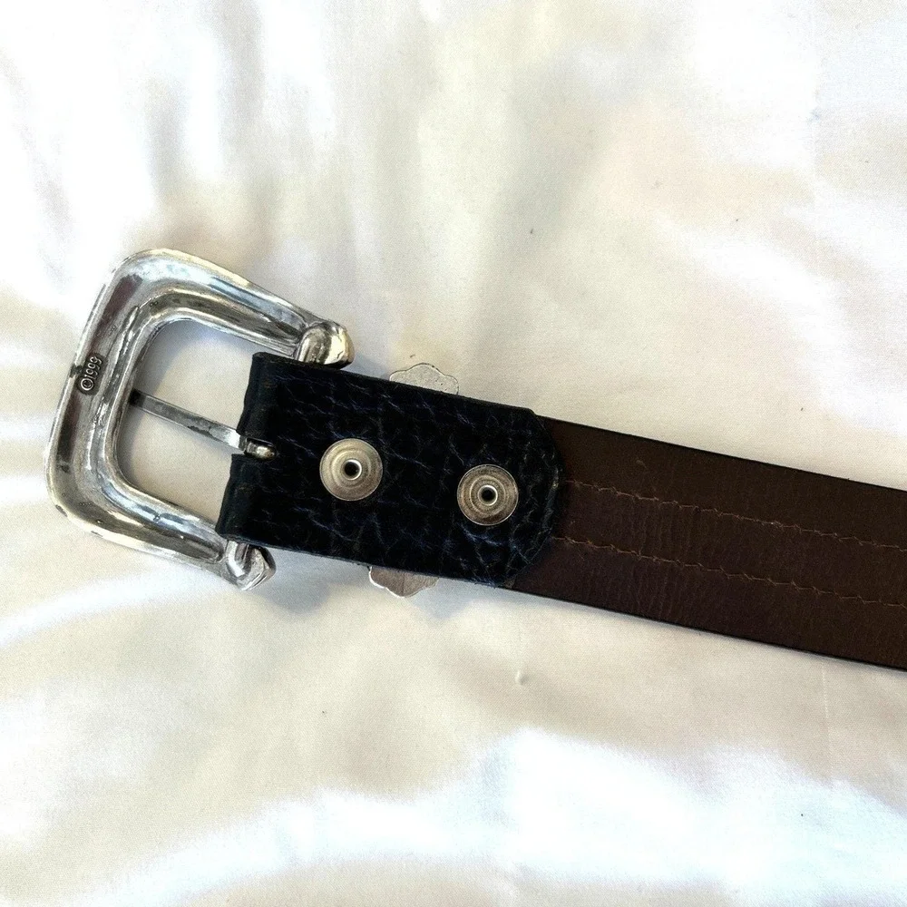 VAmerican Bison Leather Western Belt Mens 40 Black Brown  Embossed Silver Buckle